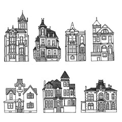 Victorian houses set. Architecture handdrawn inking sketches.