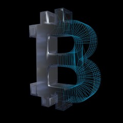 Bitcoin sign, platinum or silver turns into a blue grid on a black background. 3D illustration