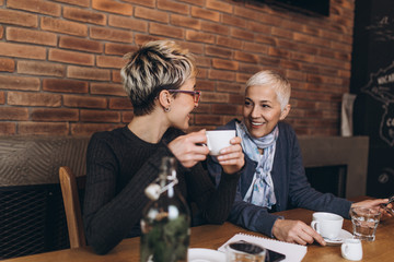Senior mother sitting in cafe bar or restaurant with her middle age daughter and enjoying in conversation.