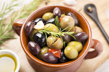 Variety of marinated olives. Mediterranean recipe