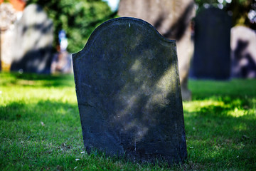 Blank gravestone with other graves and trees in background. Old stone.