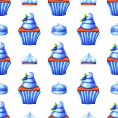 Hand painted seamless pattern with watercolor muffin with blueberries, cake and marshmallow isolated on white background