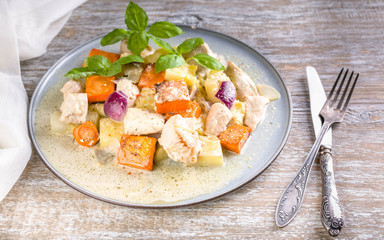Turkey stew with vegetables in creamy sauce. Healthy and wholesome food