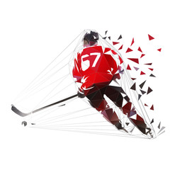 Ice hockey player skating with puck, low poly isolated vector illustration. Polygonal hockey player