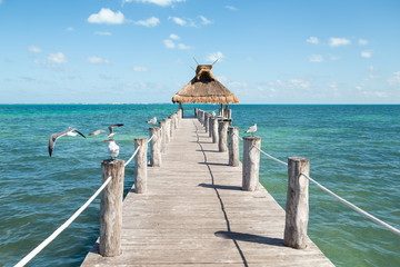 Fototapeta premium Ocean view from a pier with seagulls perched on either side of it and a grass roof at the end.