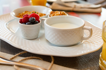 Healthy breakfast. Fresh juice, granola, muesli with milk and berries