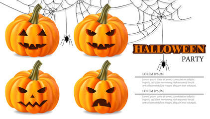 Halloween party pumpkin faces card Vector realistic. 3d detailed illustrations