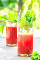 Two glasses of tomato juice homemade from garden organic vegetables