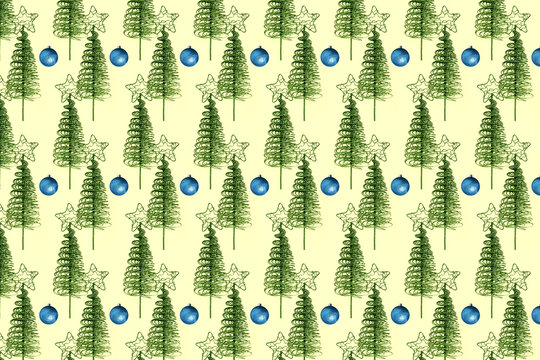 Pattern of small Christmas trees and blue Christmas balls © 13smile