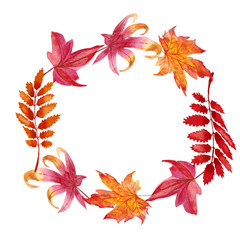 Watercolor autumn wreath with leaves and branches isolated on white background.