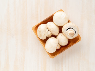 Raw big fresh champignon mushrooms in a wooden bowl on a white background, top view