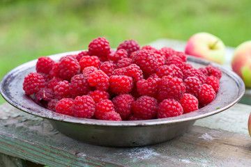 fresh harvested raspberries in a metal bowl on a wooden table. Around lie fresh apples