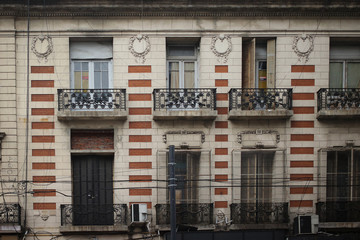 BUENOS AIRES, ARGENTINA  - AUGUST 24, 2018: Typical facade  of Buenos Aires on Avenida Corrientes in Capital Federal, Argentina