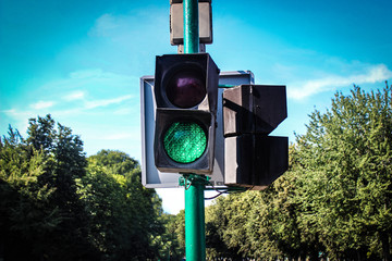 Traffic lights with green world background – eco-friendly city concept, sustainable urban design,...