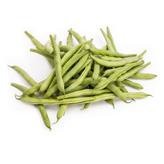 Fresh green beans on the table, white isolated background