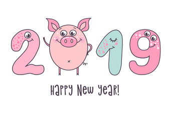 Cute card design with cartoon funny pig and with smiling numerals