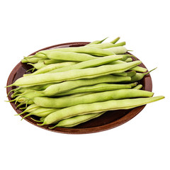 Fresh green beans in a clay plate on a table, white isolated background