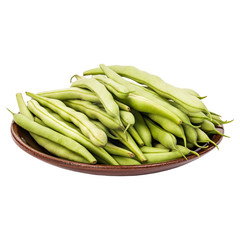 Fresh green beans in a clay plate on a table, white isolated background