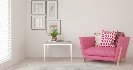 Inspiration of white minimalist room with armchair. Scandinavian interior design. 3D illustration