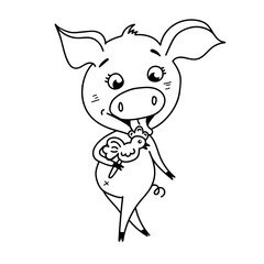 Cute hand-drawn cartoon pig with candy in her hands