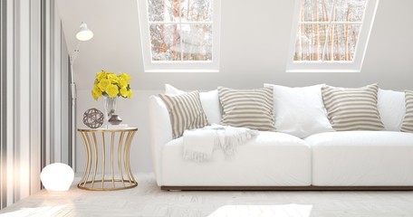 White room with sofa and winter landscape in window. Scandinavian interior design. 3D illustration