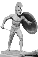 Fototapeta na wymiar Roman ancient sculpture of warrior. Isolated on white background