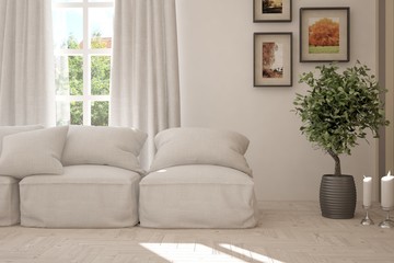 Idea of white room with sofa and summer landscape in window. Scandinavian interior design. 3D illustration