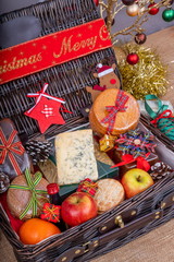 Christmas Food Hamper.  Wicker Hamper loaded with Christmas Treats and Fruits