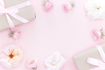 Beautiful pink roses heads on pink background