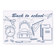Back-to-school-Vector-illustration-School-notebook-with-painted-pen-school-backpack-ruler-alarm-clock