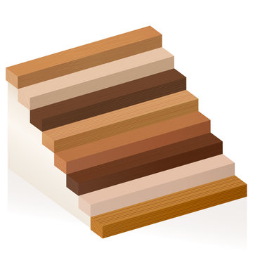 Wooden staircase - wood samples with different textures, colors, glazes, from various trees to choose - brown, dark, gray, light, red, yellow, orange decor models - vector on white background.