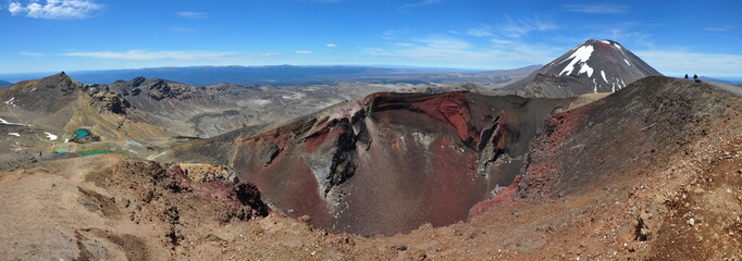 Panoramic of the Tongariro crossing, showing the red crater on the North island of New Zealand