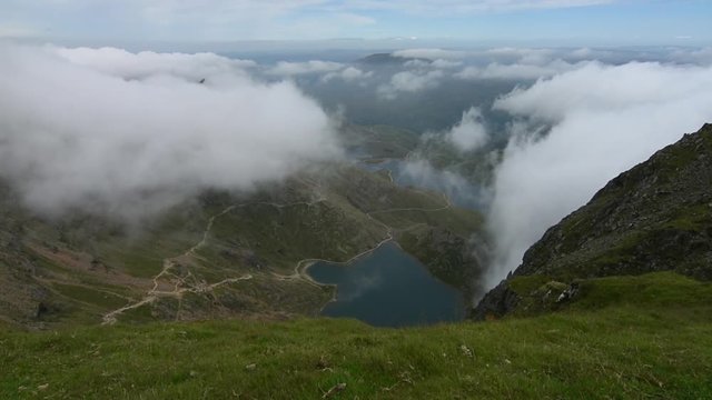 View from top of Snowdon looking over Glaslyn lake