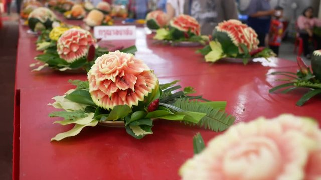 Phuket, Thailand- 27 August 2018 - Carved fruit for celebrate in traditional Chinese Hungry Ghost festival (Por Tor) yearly,