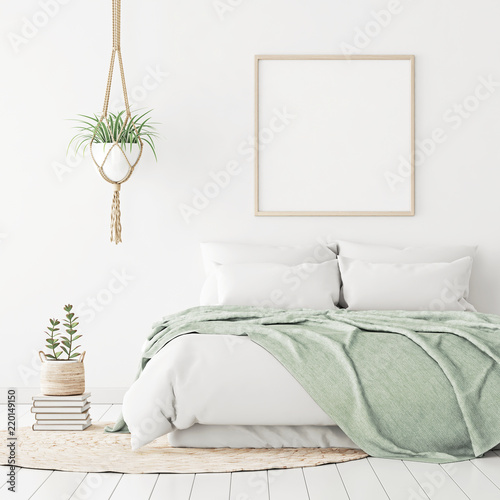 Poster Mockup With Wooden Square Frame On Empty White Wall