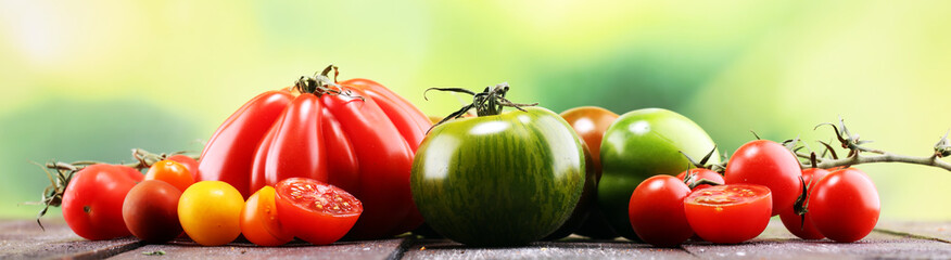 various colorful tomatoes and basil leaves on rustic table. - obrazy, fototapety, plakaty