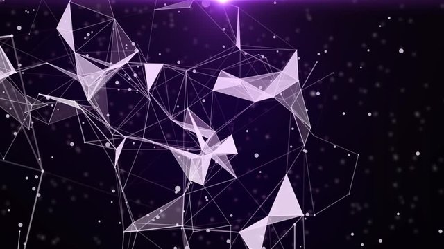 Plexus of abstract violet geometrical lines with moving triangles and dots ?n a black background. Loop animations.