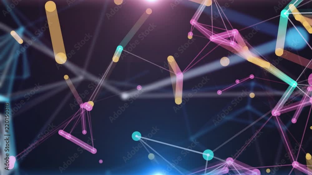 Wall mural plexus of abstract multicolored geometrical lines with moving triangles and dots on a black backgrou