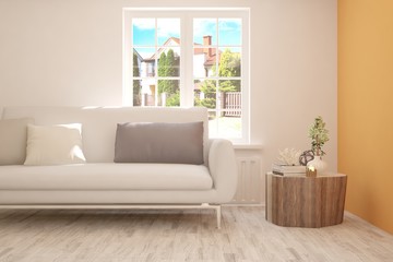 Idea of white room with sofa and summer landscape in window. Scandinavian interior design. 3D illustration