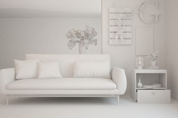 White room with sofa. Scandinavian interior design. 3D illustration