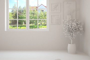 Fototapeta na wymiar White empty room with summer landscape in window. Scandinavian interior design. 3D illustration