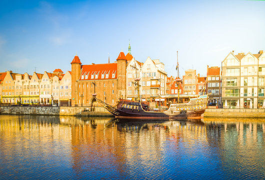 Old town embankment, Gdansk , Poland retro toned