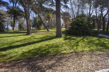 view of the interior of the public park of El Buen Retiro in Madrid, Spain