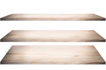 Empty wooden table top on white background.