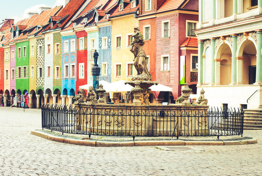 Proserpine Fountain XVIIIc and medieval houses on the central market square in Poznan, PolandPoznan, Poland, retro toned