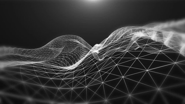 Plexus fantasy abstract technology and motion background. Animated gray background of spinning spheres with lines and depth of field settings.