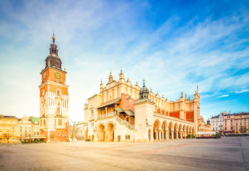 Fototapeta Market square with sukennice and cityhall tower in Krakow at day, Poland, retro toned obraz