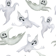Seamless pattern with halloween ghosts on white background.