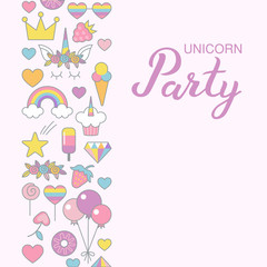 Unicorn Party typographic vector design for greeting, birthday, invitation card, isolated, handwritten lettering composition. Unicorn face with flowers, balloons, rainbow on light pink background.