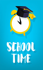 School time card with square academic cap and alarm. Vector banner.